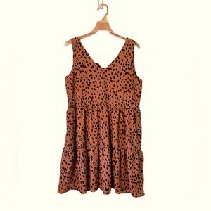 Entro Brown and Black Cheetah‎ Print Babydoll Boho Tiered Mini Dress Size Medium